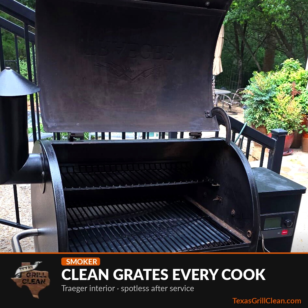 Traeger pellet grill with the lid open showing cleaned grates and interior