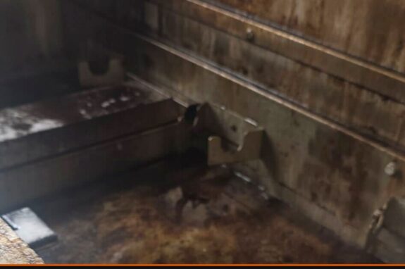 Grill firebox before cleaning, showing heavy grease and carbon buildup