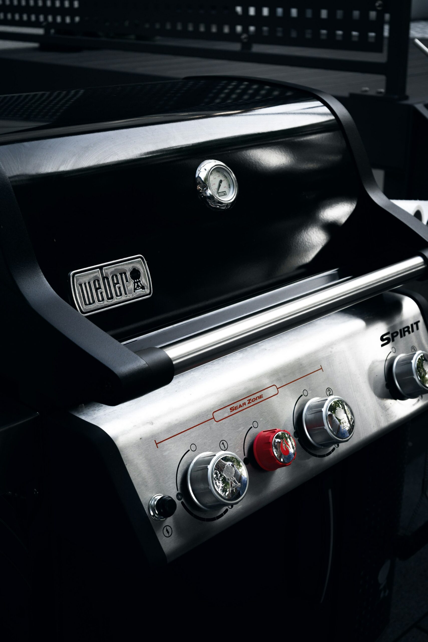 A closed stainless steel Weber gas grill sitting outdoors in a backyard garden setting